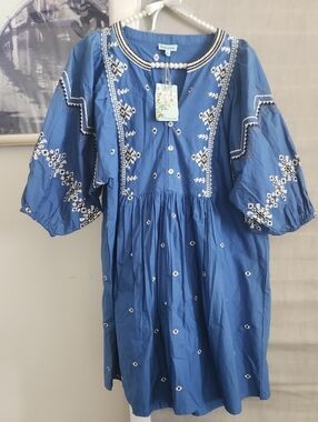 Nostalgia Royal Blue Embroidered Cotton Dress for Girls